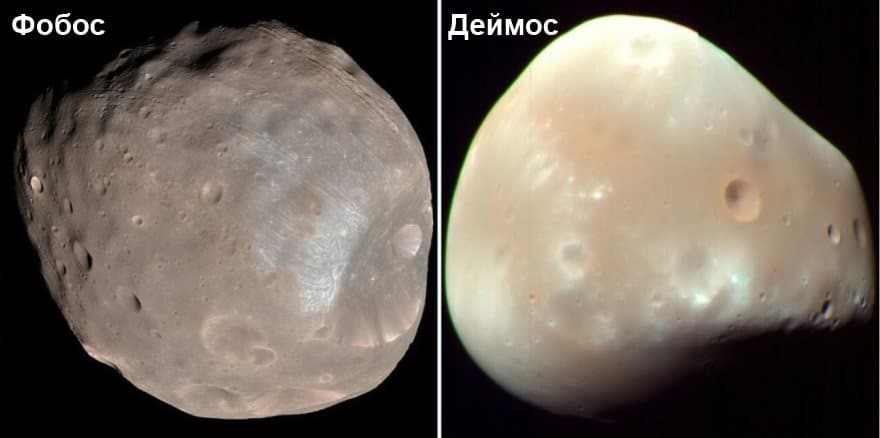 Фобос и Деймос захвачены MRO. Это крошечные спутники неправильной формы, которые можно унести с планеты за пояс астероидов