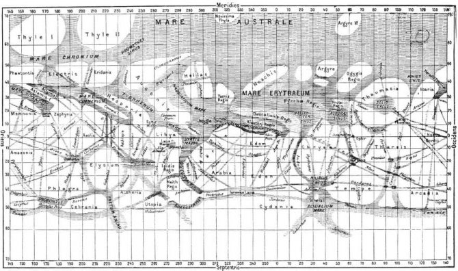 Карта Марса Скиапарелли с указанием каналов (1877 г)